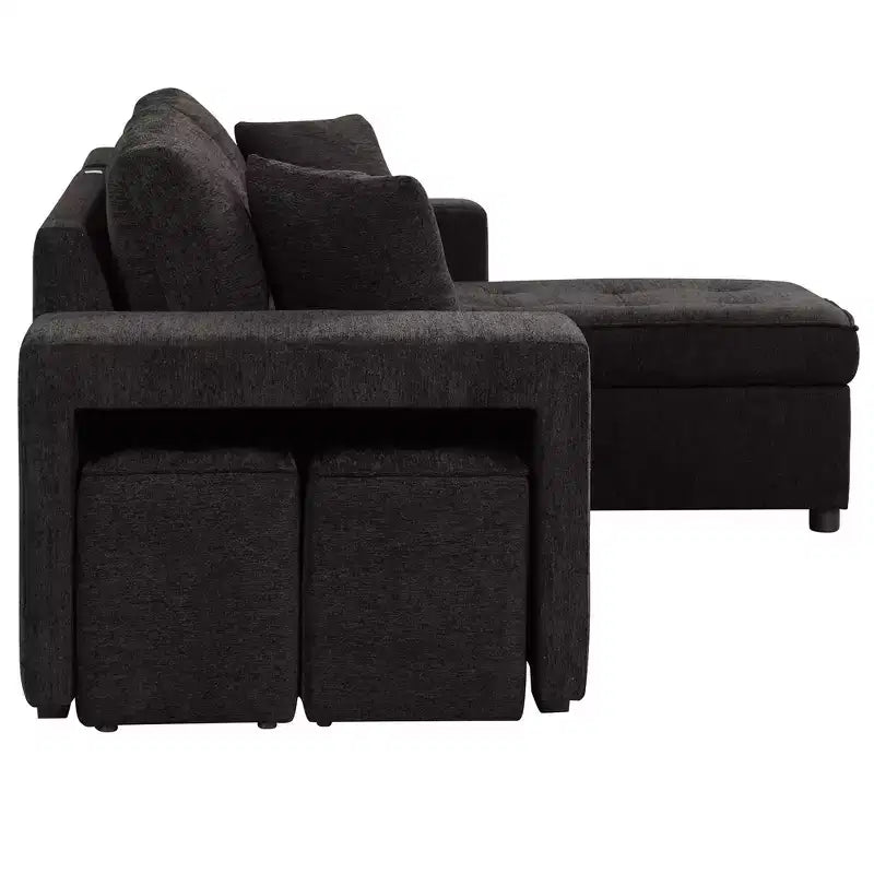 104.5 Modern L-Shape 3 Seat Reversible Sectional Couch Pull Out Sleeper Sofa with Storage Chaise and 2 Stools for Living Room Furniture Set