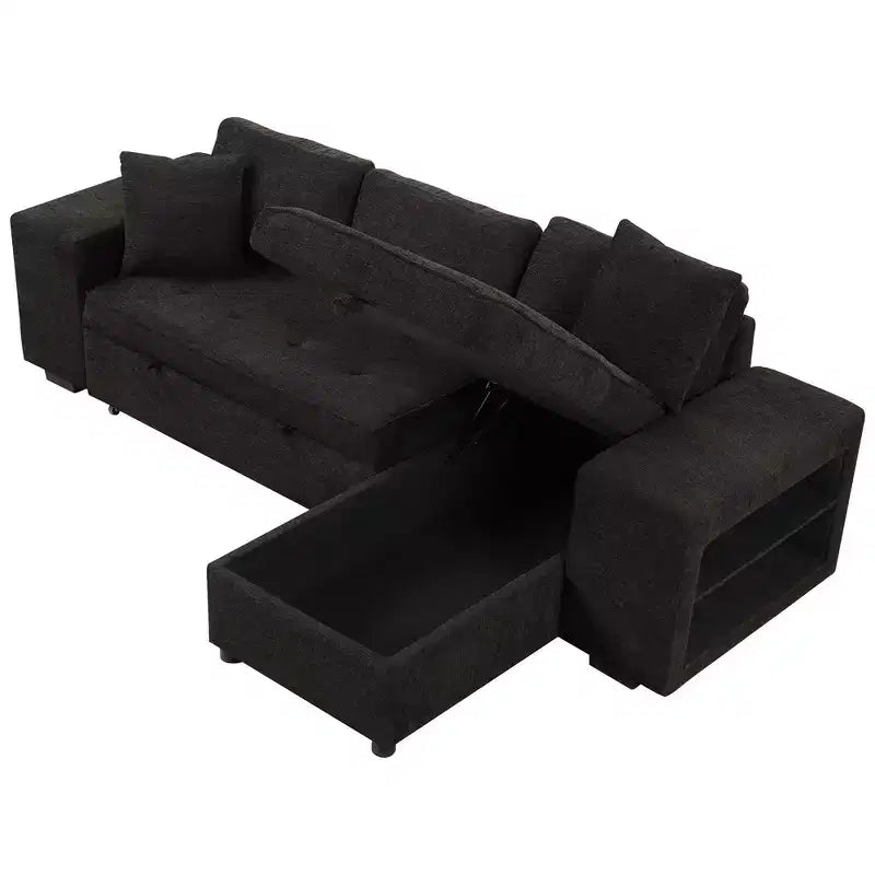 104.5 Modern L-Shape 3 Seat Reversible Sectional Couch Pull Out Sleeper Sofa with Storage Chaise and 2 Stools for Living Room Furniture Set