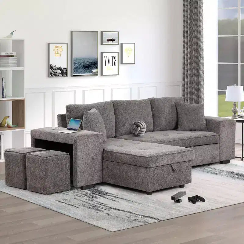 104.5 Modern L-Shape 3 Seat Reversible Sectional Couch Pull Out Sleeper Sofa with Storage Chaise and 2 Stools for Living Room Furniture Set