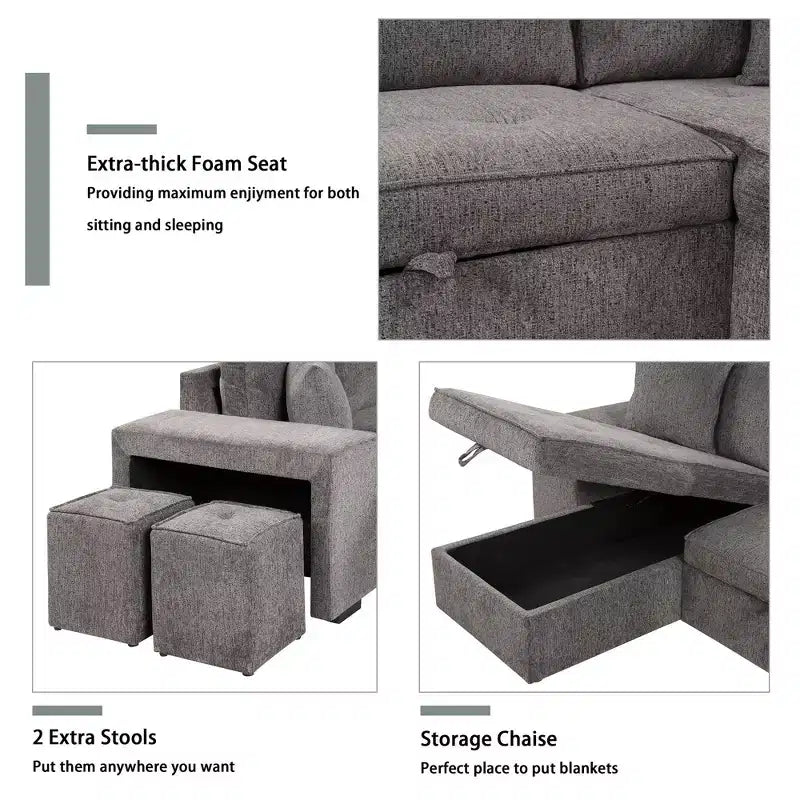 104.5 Modern L-Shape 3 Seat Reversible Sectional Couch Pull Out Sleeper Sofa with Storage Chaise and 2 Stools for Living Room Furniture Set