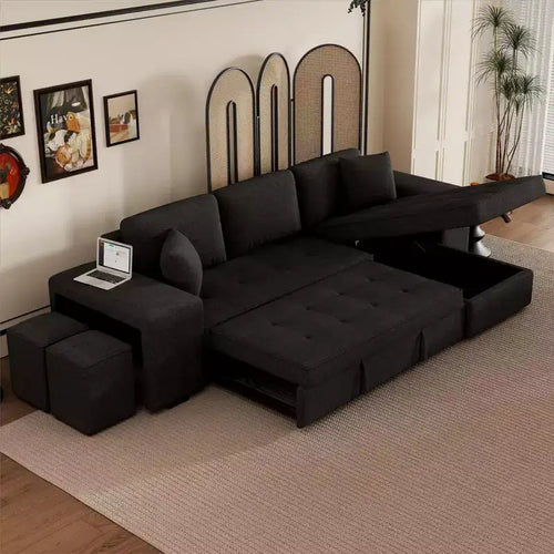 104.5 Modern L-Shape 3 Seat Reversible Sectional Couch Pull Out Sleeper Sofa with Storage Chaise and 2 Stools for Living Room Furniture Set