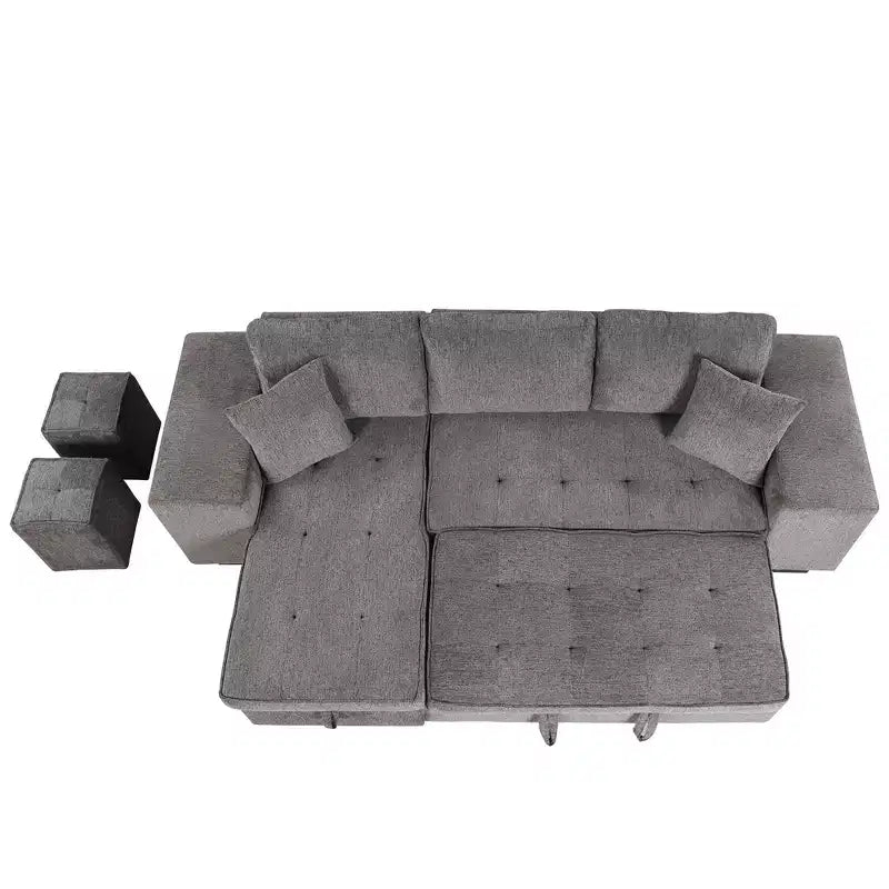104.5 Modern L-Shape 3 Seat Reversible Sectional Couch Pull Out Sleeper Sofa with Storage Chaise and 2 Stools for Living Room Furniture Set