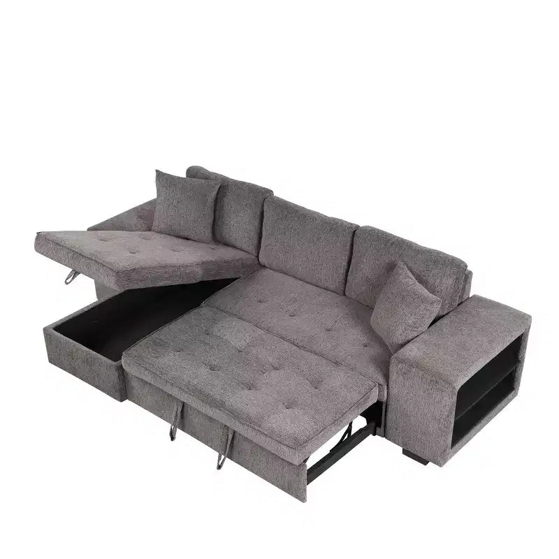104.5 Modern L-Shape 3 Seat Reversible Sectional Couch Pull Out Sleeper Sofa with Storage Chaise and 2 Stools for Living Room Furniture Set