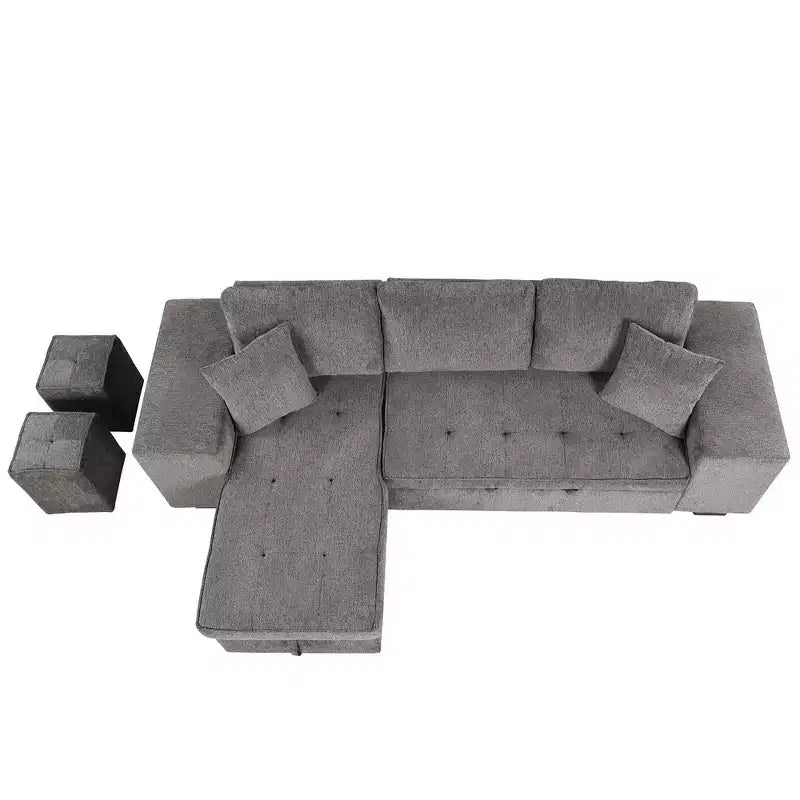 104.5 Modern L-Shape 3 Seat Reversible Sectional Couch Pull Out Sleeper Sofa with Storage Chaise and 2 Stools for Living Room Furniture Set