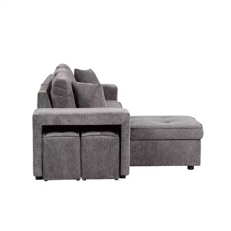 104.5 Modern L-Shape 3 Seat Reversible Sectional Couch Pull Out Sleeper Sofa with Storage Chaise and 2 Stools for Living Room Furniture Set