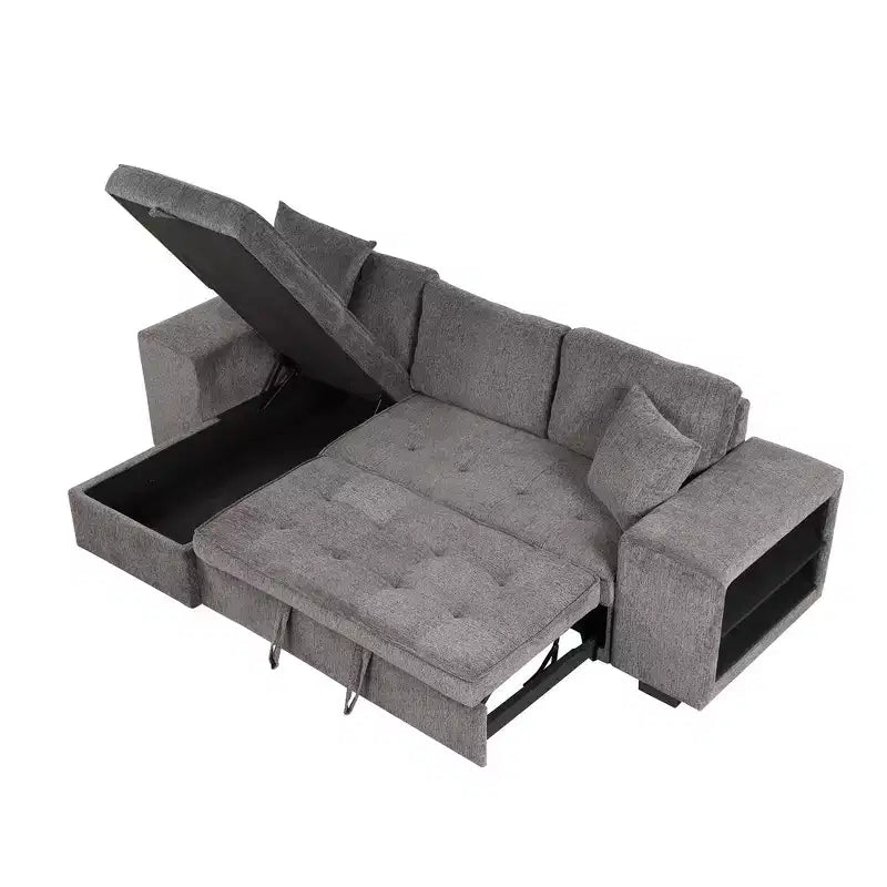 104.5 Modern L-Shape 3 Seat Reversible Sectional Couch Pull Out Sleeper Sofa with Storage Chaise and 2 Stools for Living Room Furniture Set