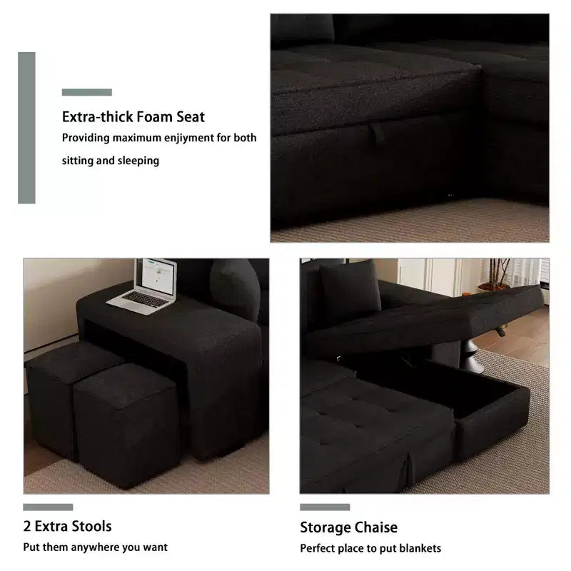 104.5 Modern L-Shape 3 Seat Reversible Sectional Couch Pull Out Sleeper Sofa with Storage Chaise and 2 Stools for Living Room Furniture Set