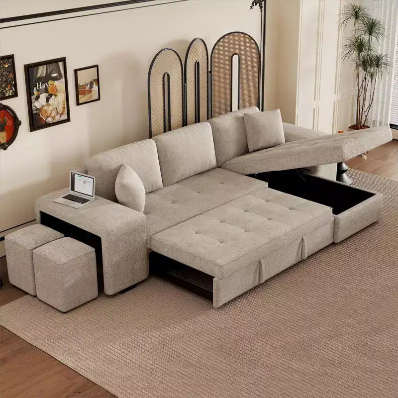 104.5 Modern L-Shape 3 Seat Reversible Sectional Couch Pull Out Sleeper Sofa with Storage Chaise and 2 Stools for Living Room Furniture Set