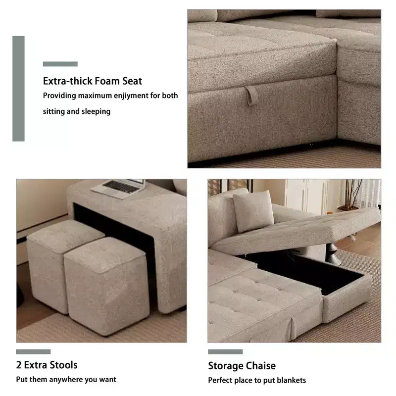 104.5 Modern L-Shape 3 Seat Reversible Sectional Couch Pull Out Sleeper Sofa with Storage Chaise and 2 Stools for Living Room Furniture Set
