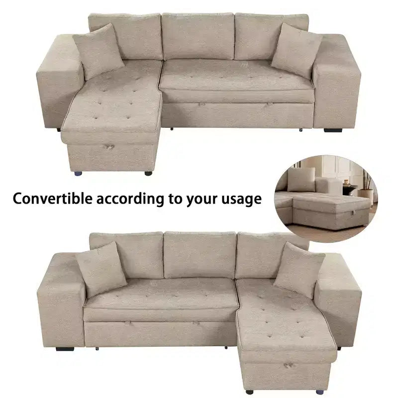 104.5 Modern L-Shape 3 Seat Reversible Sectional Couch Pull Out Sleeper Sofa with Storage Chaise and 2 Stools for Living Room Furniture Set