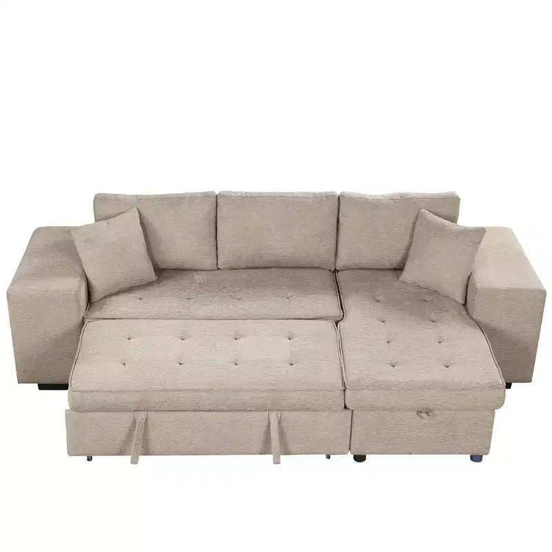 104.5 Modern L-Shape 3 Seat Reversible Sectional Couch Pull Out Sleeper Sofa with Storage Chaise and 2 Stools for Living Room Furniture Set