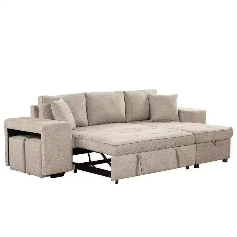 104.5 Modern L-Shape 3 Seat Reversible Sectional Couch Pull Out Sleeper Sofa with Storage Chaise and 2 Stools for Living Room Furniture Set
