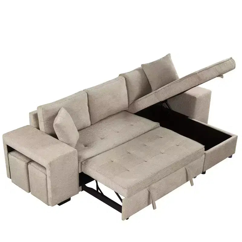 104.5 Modern L-Shape 3 Seat Reversible Sectional Couch Pull Out Sleeper Sofa with Storage Chaise and 2 Stools for Living Room Furniture Set