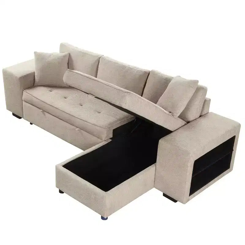 104.5 Modern L-Shape 3 Seat Reversible Sectional Couch Pull Out Sleeper Sofa with Storage Chaise and 2 Stools for Living Room Furniture Set