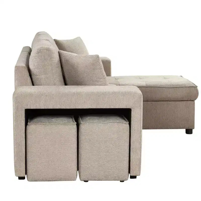 104.5 Modern L-Shape 3 Seat Reversible Sectional Couch Pull Out Sleeper Sofa with Storage Chaise and 2 Stools for Living Room Furniture Set