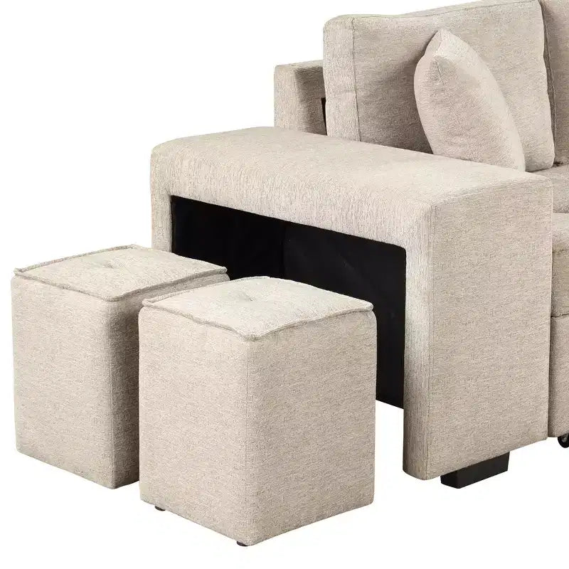104.5 Modern L-Shape 3 Seat Reversible Sectional Couch Pull Out Sleeper Sofa with Storage Chaise and 2 Stools for Living Room Furniture Set