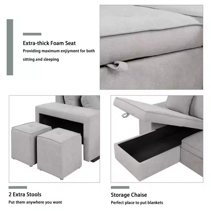 104.5 Modern L-Shape 3 Seat Reversible Sectional Couch Pull Out Sleeper Sofa with Storage Chaise and 2 Stools for Living Room Furniture Set
