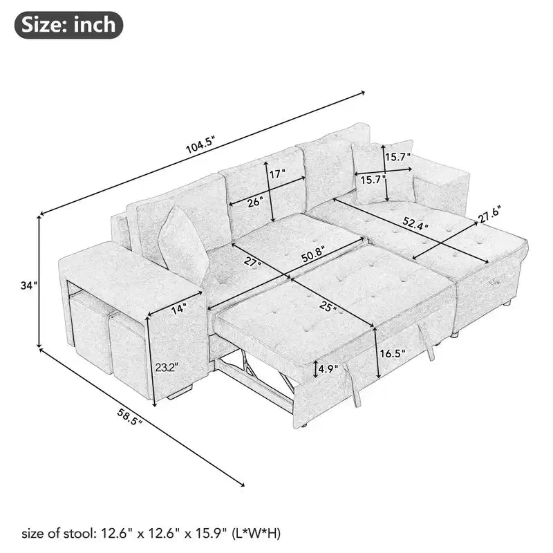 104.5 Modern L-Shape 3 Seat Reversible Sectional Couch Pull Out Sleeper Sofa with Storage Chaise and 2 Stools for Living Room Furniture Set