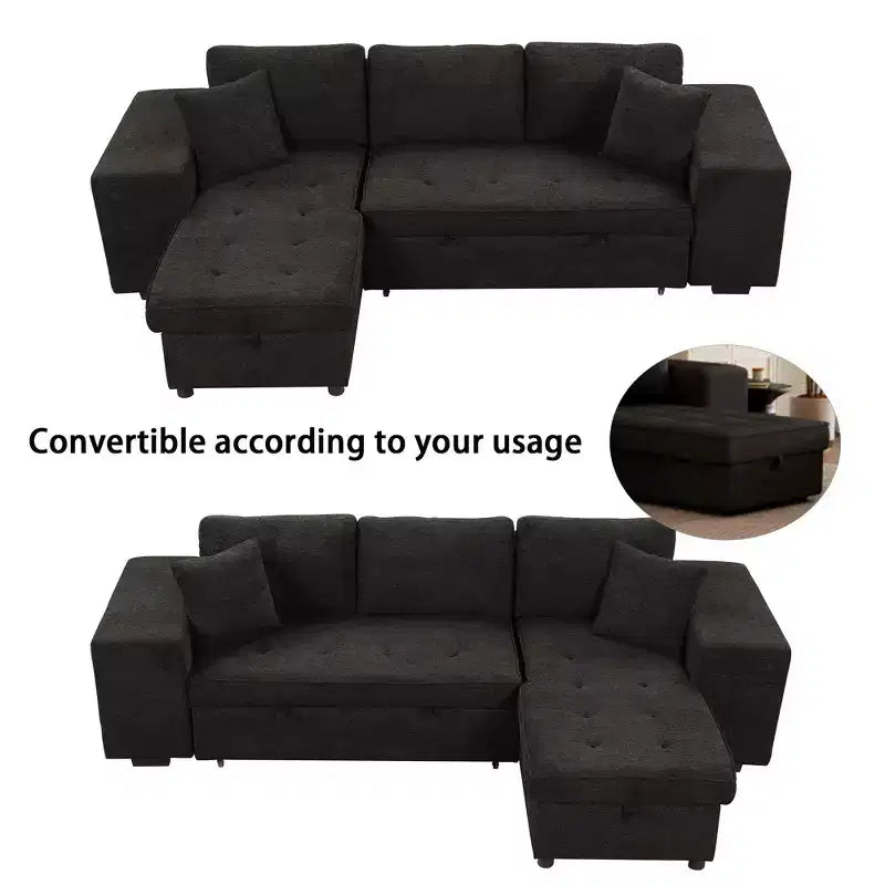 104.5 Modern L-Shape 3 Seat Reversible Sectional Couch Pull Out Sleeper Sofa with Storage Chaise and 2 Stools for Living Room Furniture Set