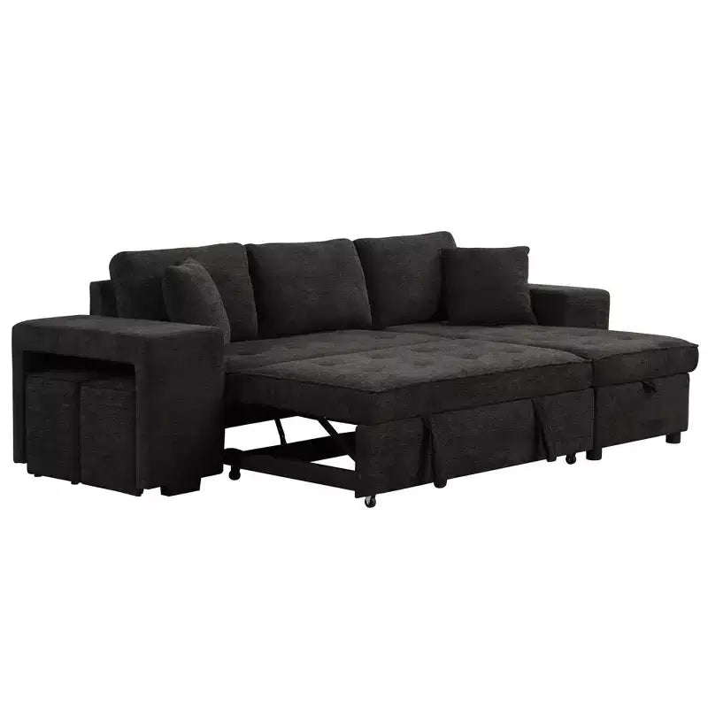 104.5 Modern L-Shape 3 Seat Reversible Sectional Couch Pull Out Sleeper Sofa with Storage Chaise and 2 Stools for Living Room Furniture Set