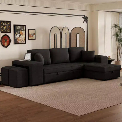 104.5 Modern L-Shape 3 Seat Reversible Sectional Couch Pull Out Sleeper Sofa with Storage Chaise and 2 Stools for Living Room Furniture Set