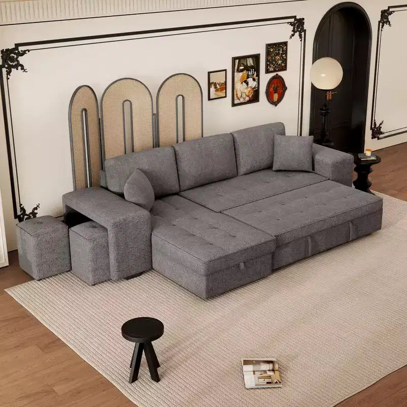 Canapé sectionnel réversible en L 3 places de 104,5 po avec canapé-lit escamotable, chaise longue de rangement et 2 poufs pour salon