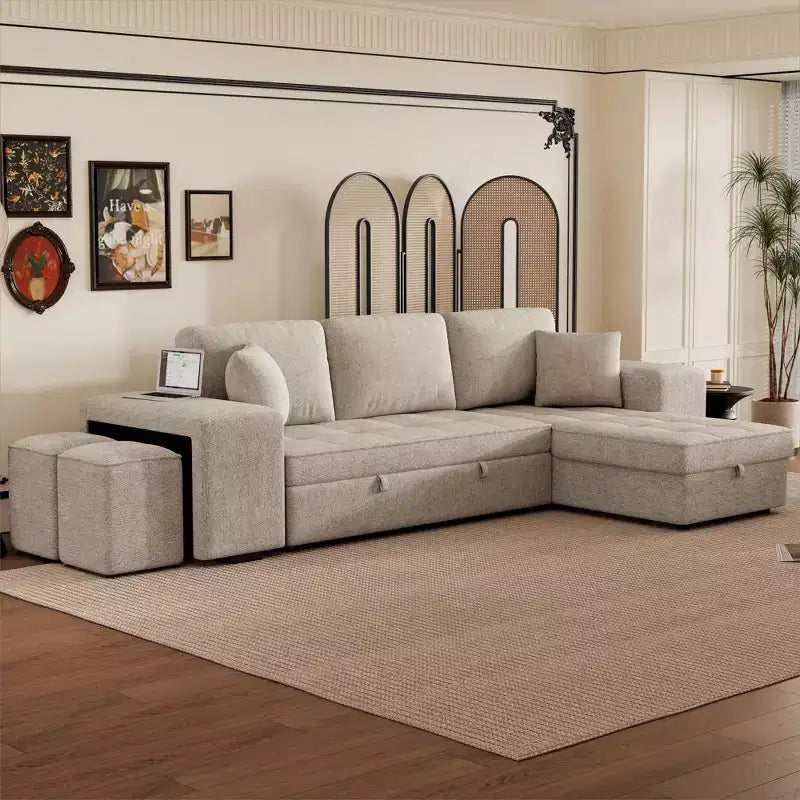 Canapé sectionnel réversible en L 3 places de 104,5 po avec canapé-lit escamotable, chaise longue de rangement et 2 poufs pour salon