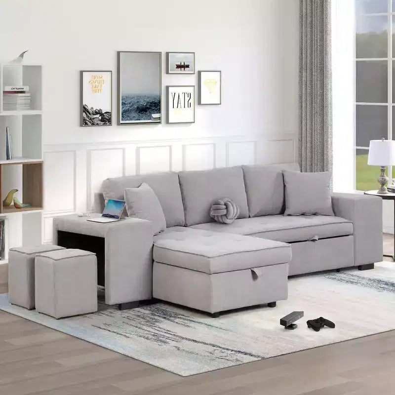 Canapé sectionnel réversible en L 3 places de 104,5 po avec canapé-lit escamotable, chaise longue de rangement et 2 poufs pour salon