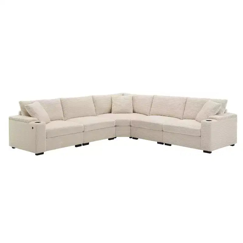 106 Convertible L Shaped Sectional Sofa Corduroy Corner Couch with Armrest Storage Cup Holders USB Charger Oversized Comfy Modular Sofa
