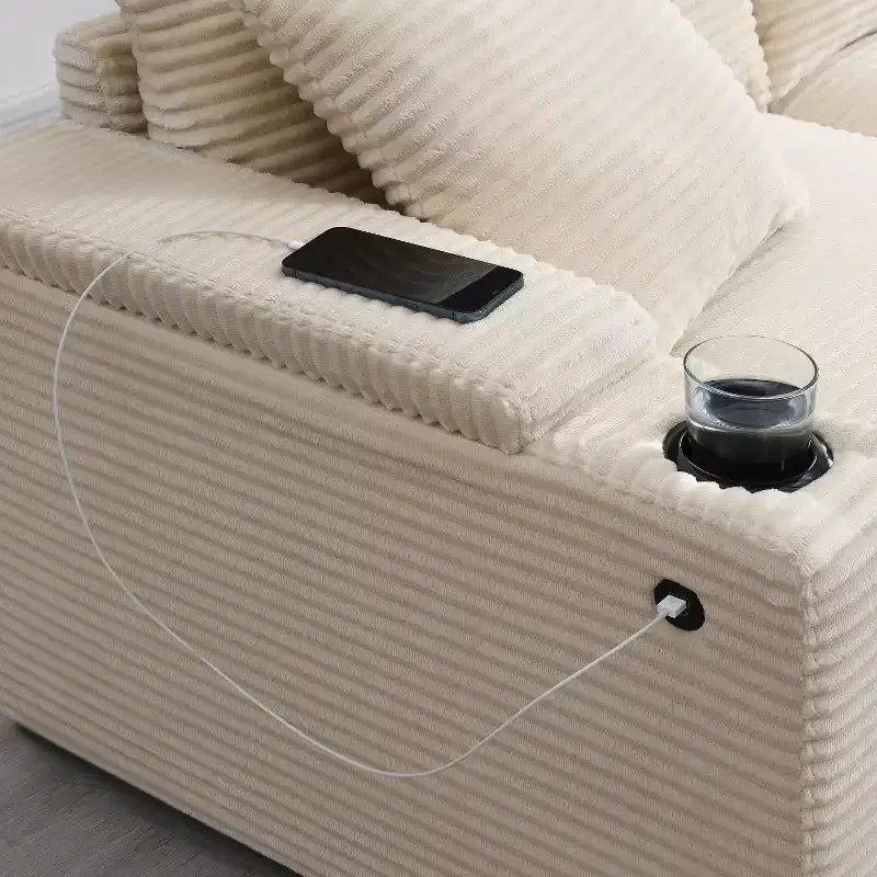 106 Convertible L Shaped Sectional Sofa Corduroy Corner Couch with Armrest Storage Cup Holders USB Charger Oversized Comfy Modular Sofa