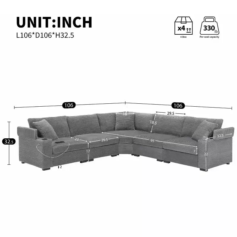 106 Convertible L Shaped Sectional Sofa Corduroy Corner Couch with Armrest Storage Cup Holders USB Charger Oversized Comfy Modular Sofa
