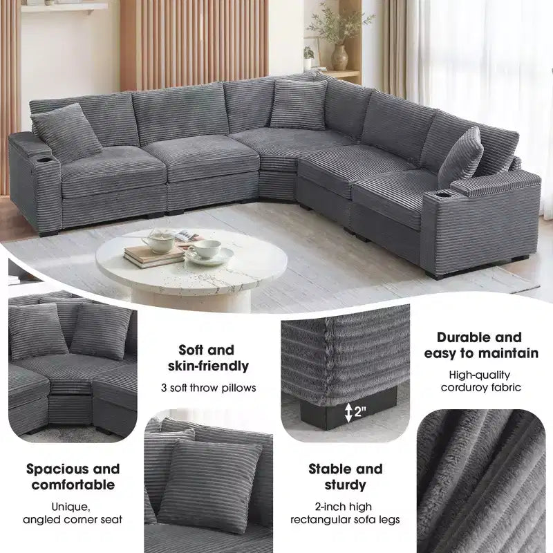 106 Convertible L Shaped Sectional Sofa Corduroy Corner Couch with Armrest Storage Cup Holders USB Charger Oversized Comfy Modular Sofa