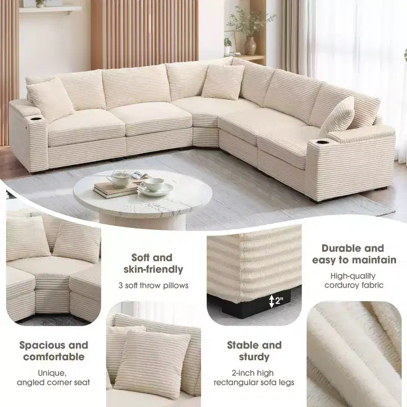 106 Convertible L Shaped Sectional Sofa Corduroy Corner Couch with Armrest Storage Cup Holders USB Charger Oversized Comfy Modular Sofa