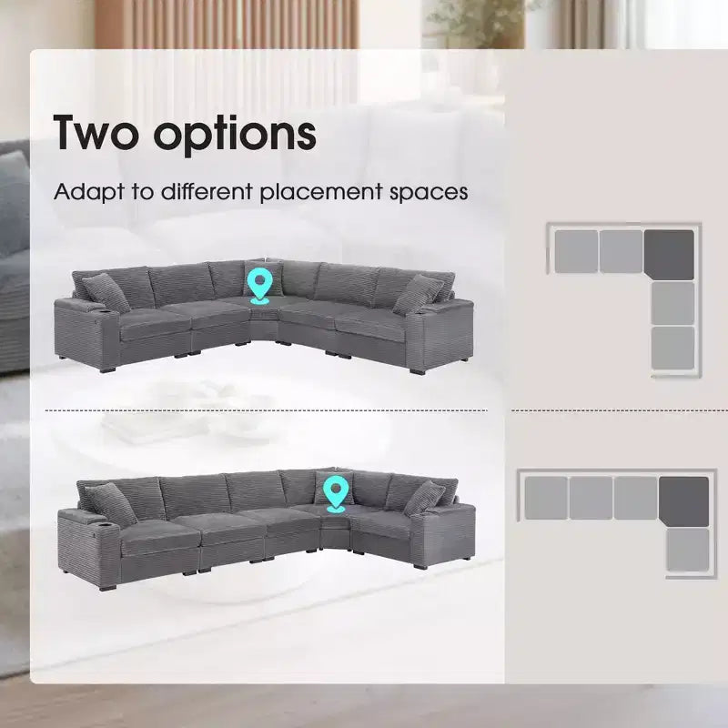 106 Convertible L Shaped Sectional Sofa Corduroy Corner Couch with Armrest Storage Cup Holders USB Charger Oversized Comfy Modular Sofa