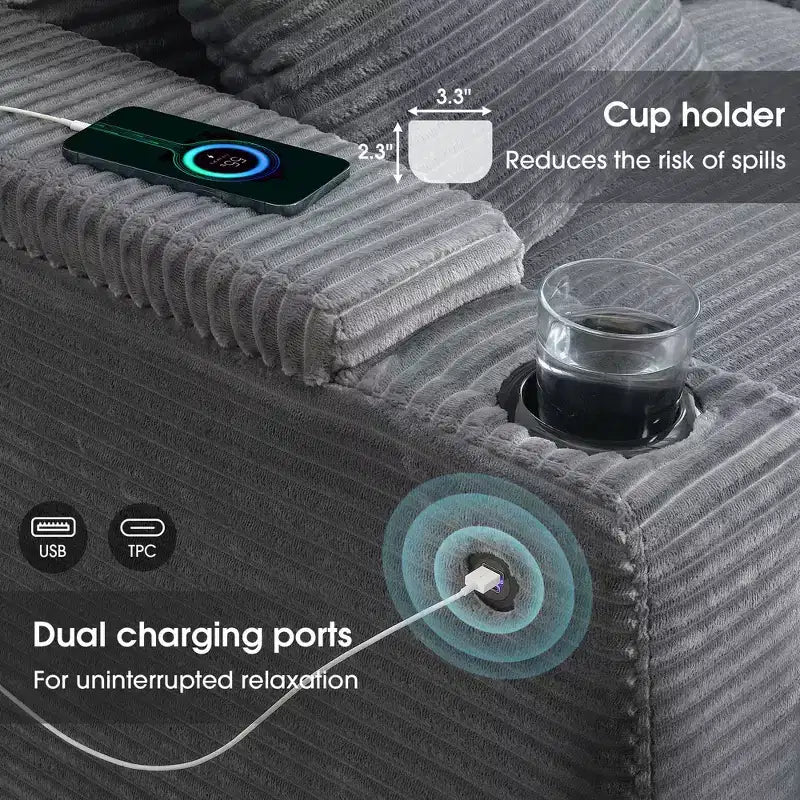 106 Convertible L Shaped Sectional Sofa Corduroy Corner Couch with Armrest Storage Cup Holders USB Charger Oversized Comfy Modular Sofa