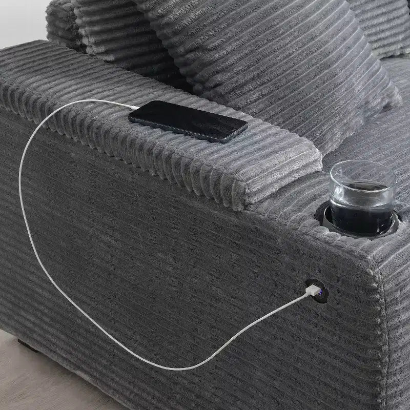106 Convertible L Shaped Sectional Sofa Corduroy Corner Couch with Armrest Storage Cup Holders USB Charger Oversized Comfy Modular Sofa