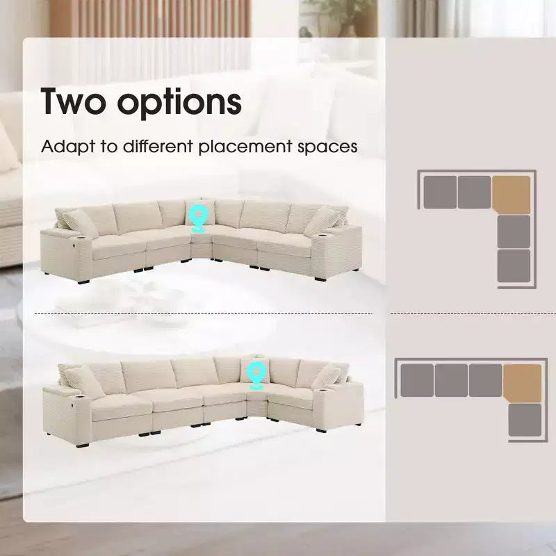 106 Convertible L Shaped Sectional Sofa Corduroy Corner Couch with Armrest Storage Cup Holders USB Charger Oversized Comfy Modular Sofa