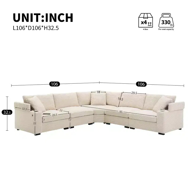 106 Convertible L Shaped Sectional Sofa Corduroy Corner Couch with Armrest Storage Cup Holders USB Charger Oversized Comfy Modular Sofa