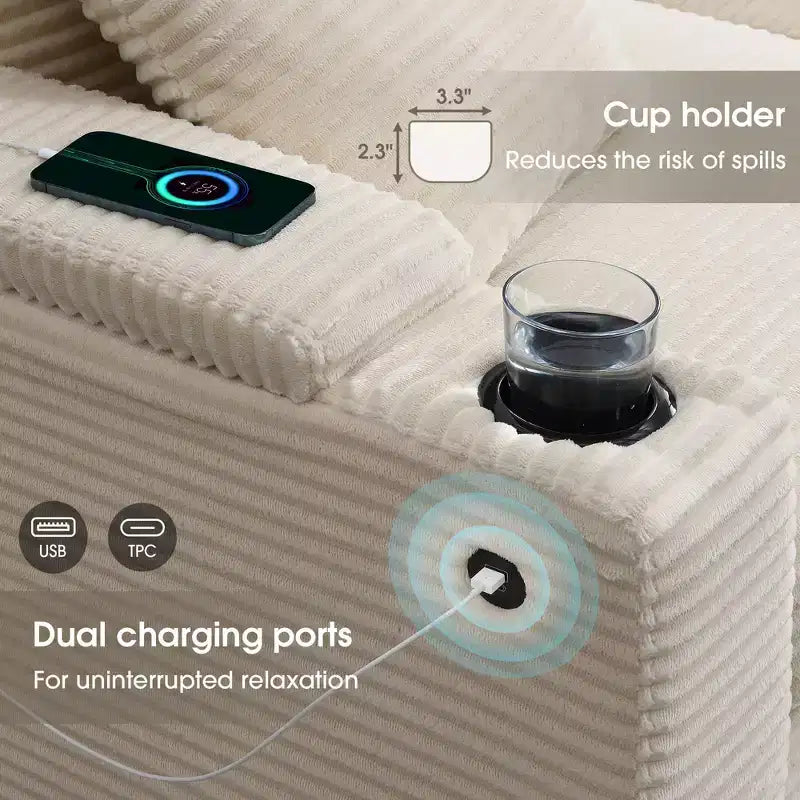 106 Convertible L Shaped Sectional Sofa Corduroy Corner Couch with Armrest Storage Cup Holders USB Charger Oversized Comfy Modular Sofa