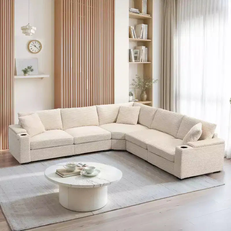 106 Convertible L Shaped Sectional Sofa Corduroy Corner Couch with Armrest Storage Cup Holders USB Charger Oversized Comfy Modular Sofa