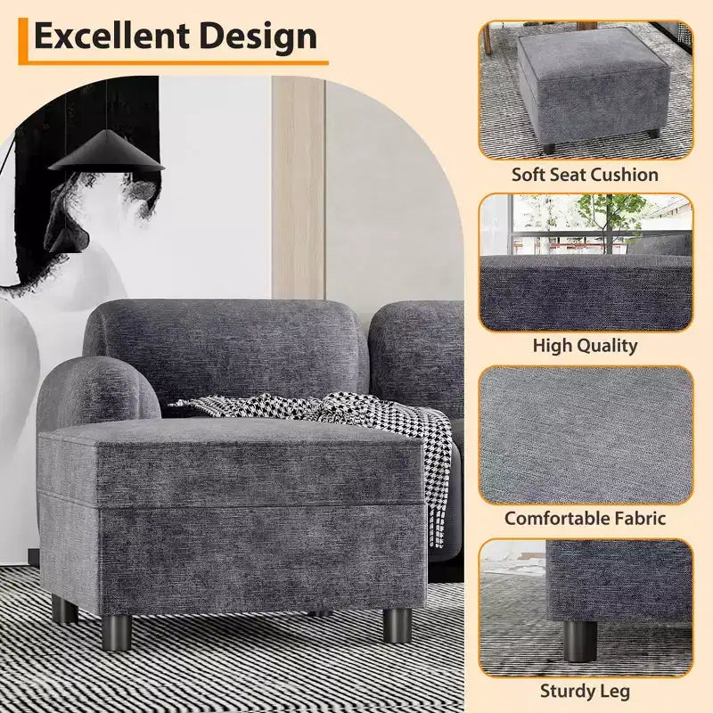 Modular Sectional Sofa Middle Module with Storage Space 11 Angles Adjustable Backrest Grey 31 D x 26 W x 33 H