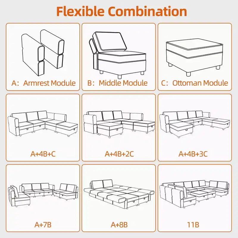 Modular Sectional Sofa Middle Module with Storage Space 11 Angles Adjustable Backrest Grey 31 D x 26 W x 33 H