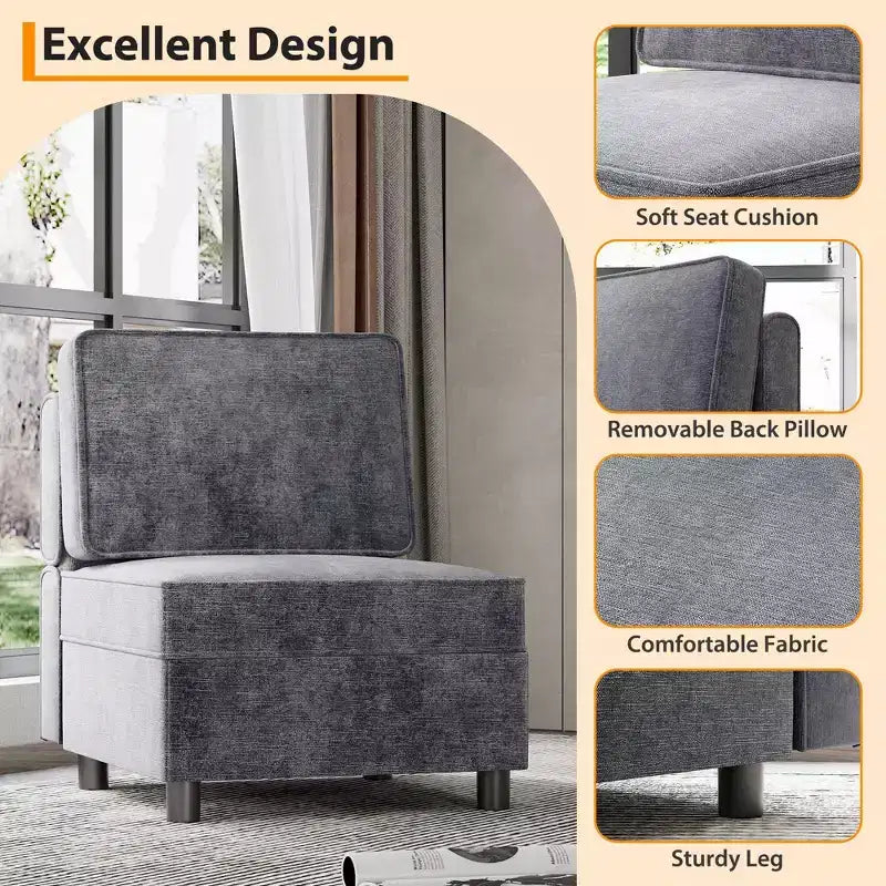 Modular Sectional Sofa Middle Module with Storage Space 11 Angles Adjustable Backrest Grey 31 D x 26 W x 33 H