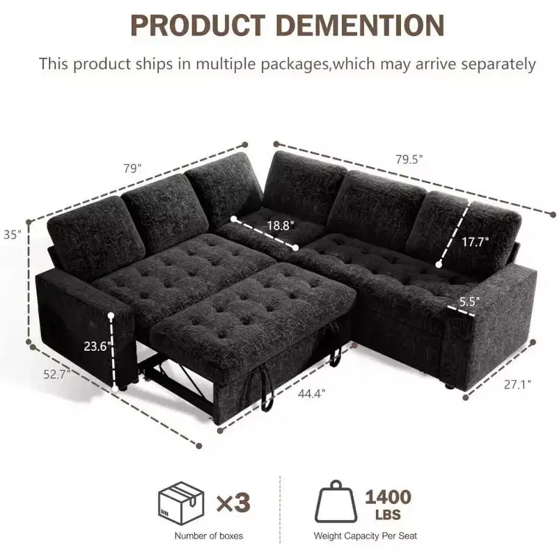 Dyonery L-Shaped Modular Sleeper Sectional Sofa, 5-Seat Chenille Pull-Out Couch with USB, Storage Chaise