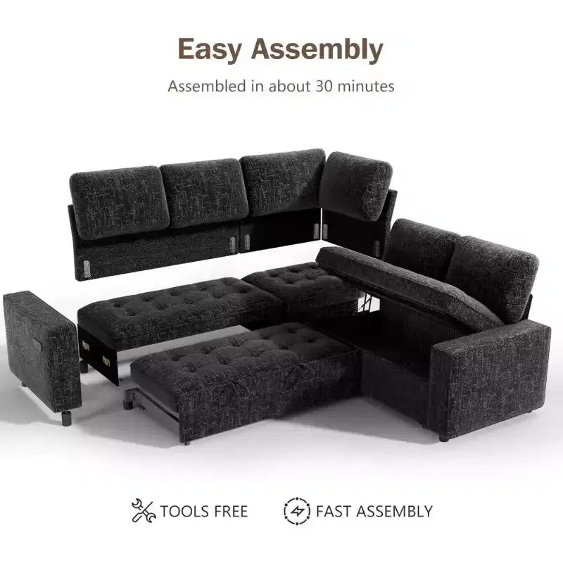 Dyonery L-Shaped Modular Sleeper Sectional Sofa, 5-Seat Chenille Pull-Out Couch with USB, Storage Chaise