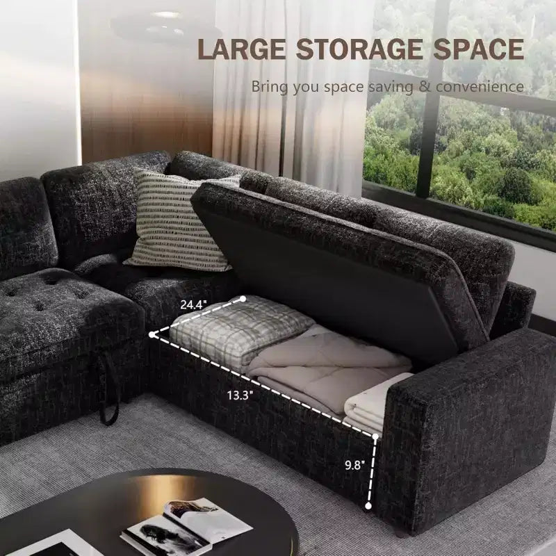 Dyonery L-Shaped Modular Sleeper Sectional Sofa, 5-Seat Chenille Pull-Out Couch with USB, Storage Chaise