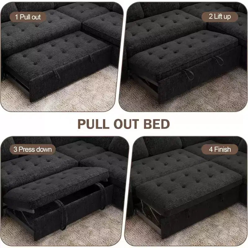 Dyonery L-Shaped Modular Sleeper Sectional Sofa, 5-Seat Chenille Pull-Out Couch with USB, Storage Chaise