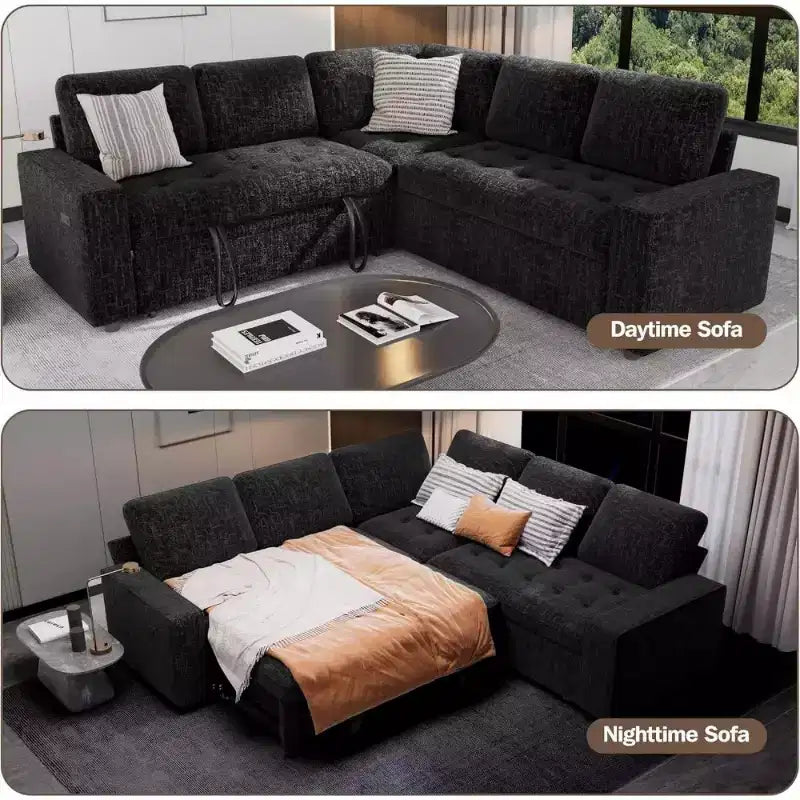Dyonery L-Shaped Modular Sleeper Sectional Sofa, 5-Seat Chenille Pull-Out Couch with USB, Storage Chaise