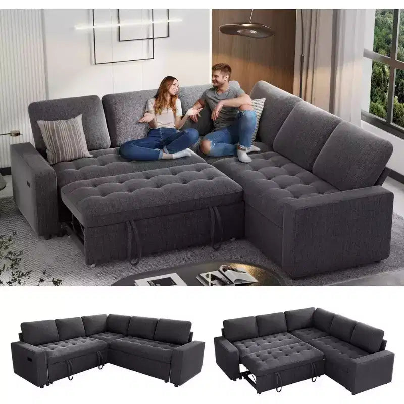 Dyonery L-Shaped Modular Sleeper Sectional Sofa, 5-Seat Chenille Pull-Out Couch with USB, Storage Chaise