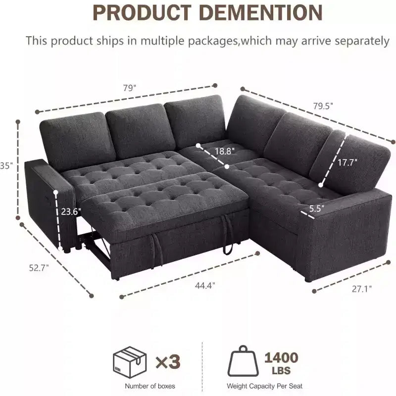 Dyonery L-Shaped Modular Sleeper Sectional Sofa, 5-Seat Chenille Pull-Out Couch with USB, Storage Chaise
